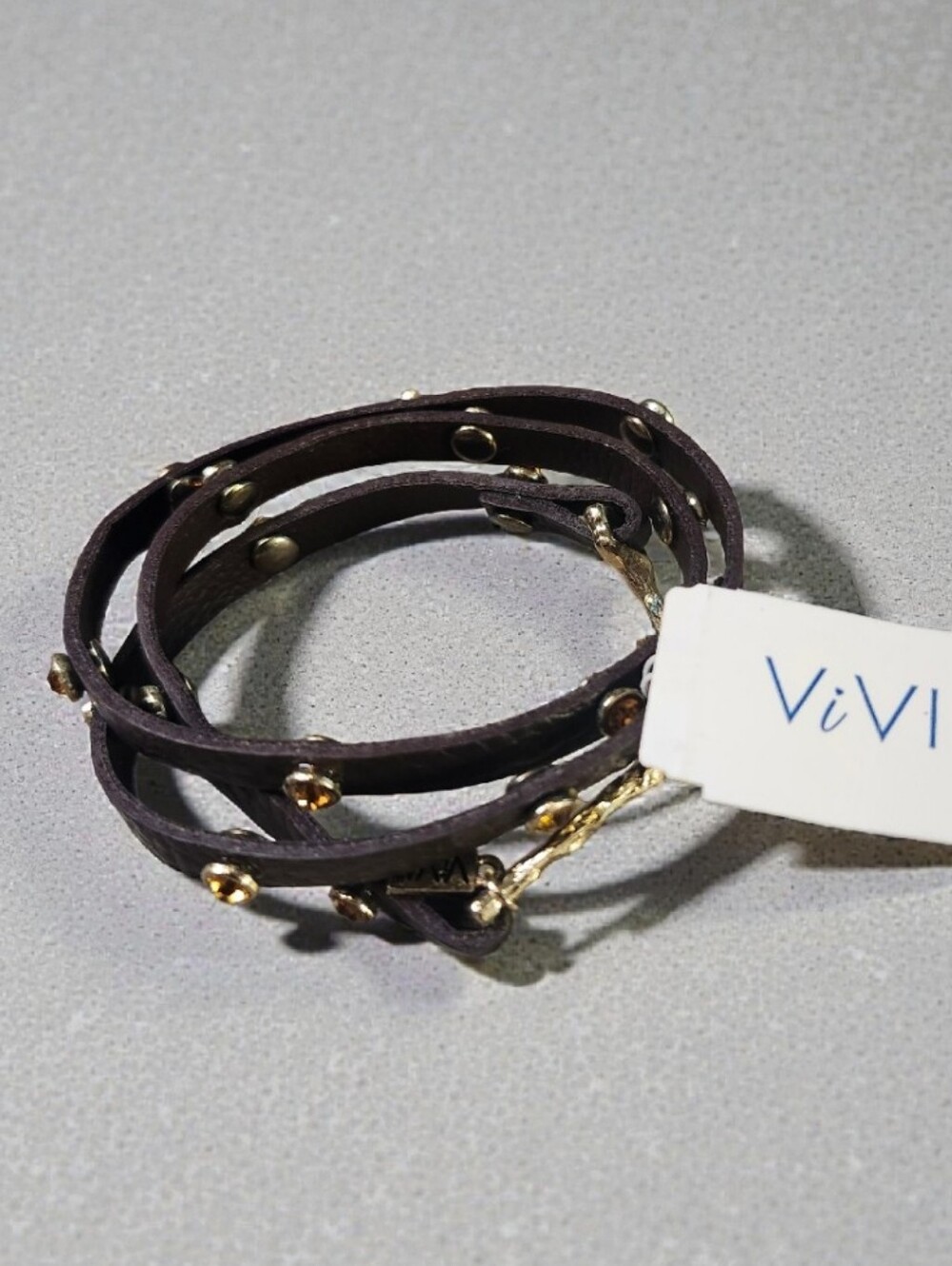 ViVi Dark Brown Leather Wrap Bracelet with Genuine Crystals NEW